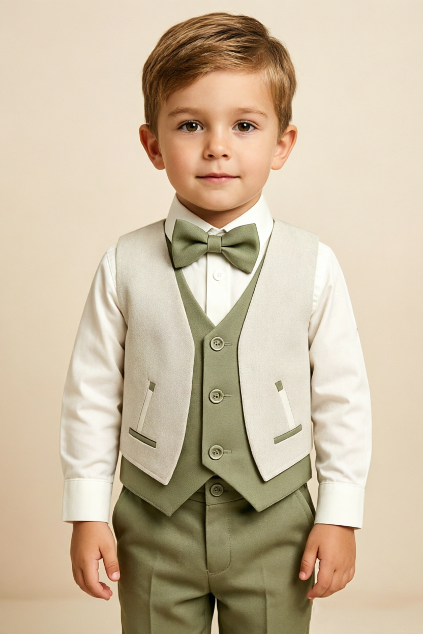 Green Faux‑Layer V‑Neck Single‑Breasted Waistcoat 2‑Piece Suit Set