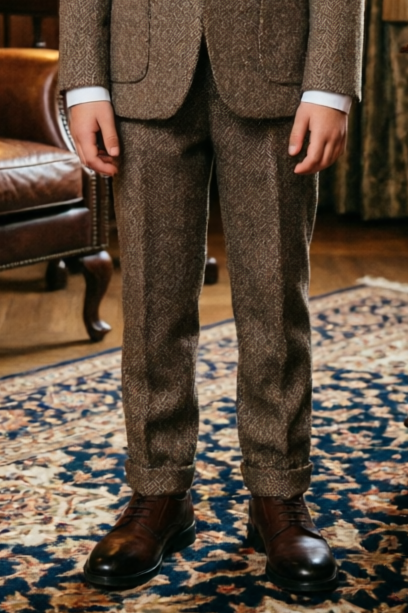 Dark Brown Herringbone Blend Straight‑Leg Suit Trousers