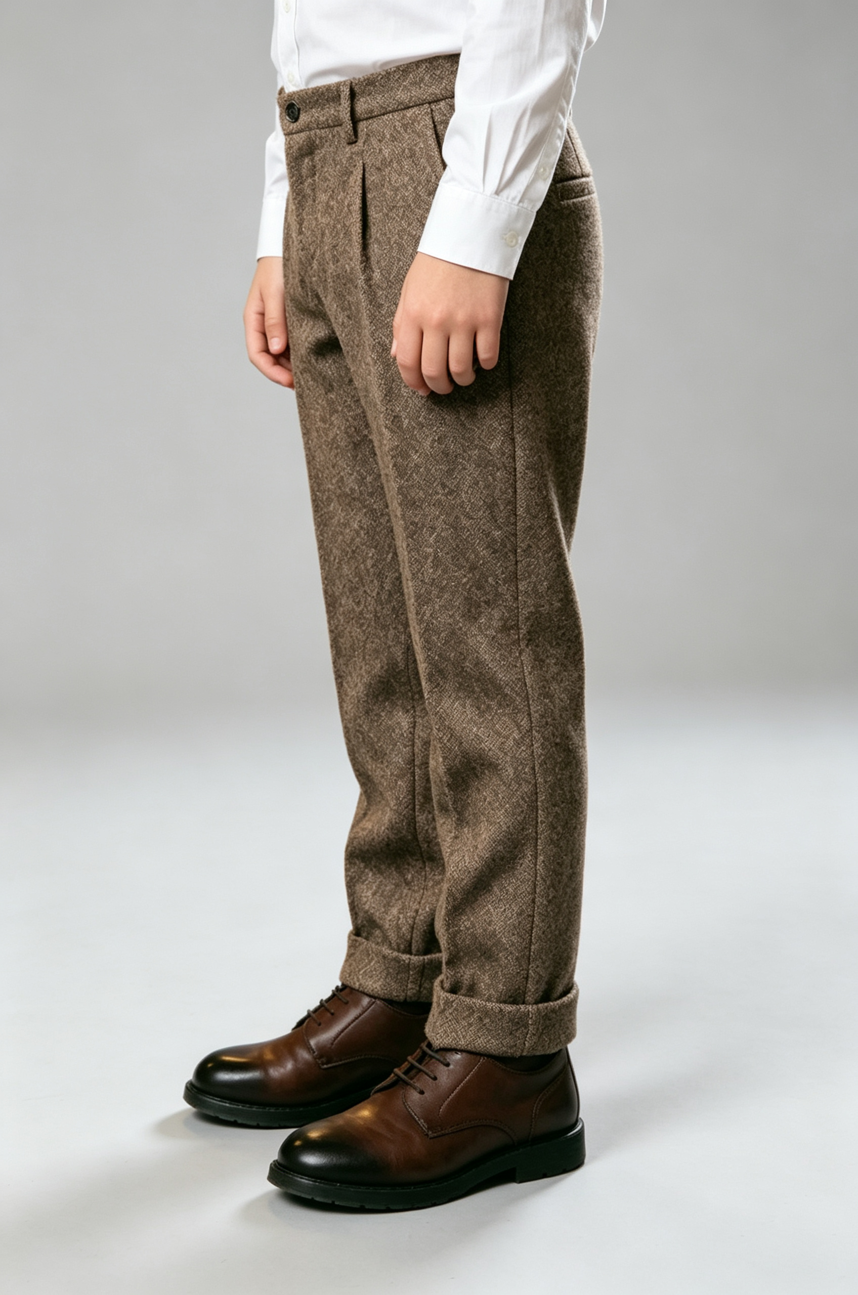 Dark Brown Herringbone Blend Straight‑Leg Suit Trousers