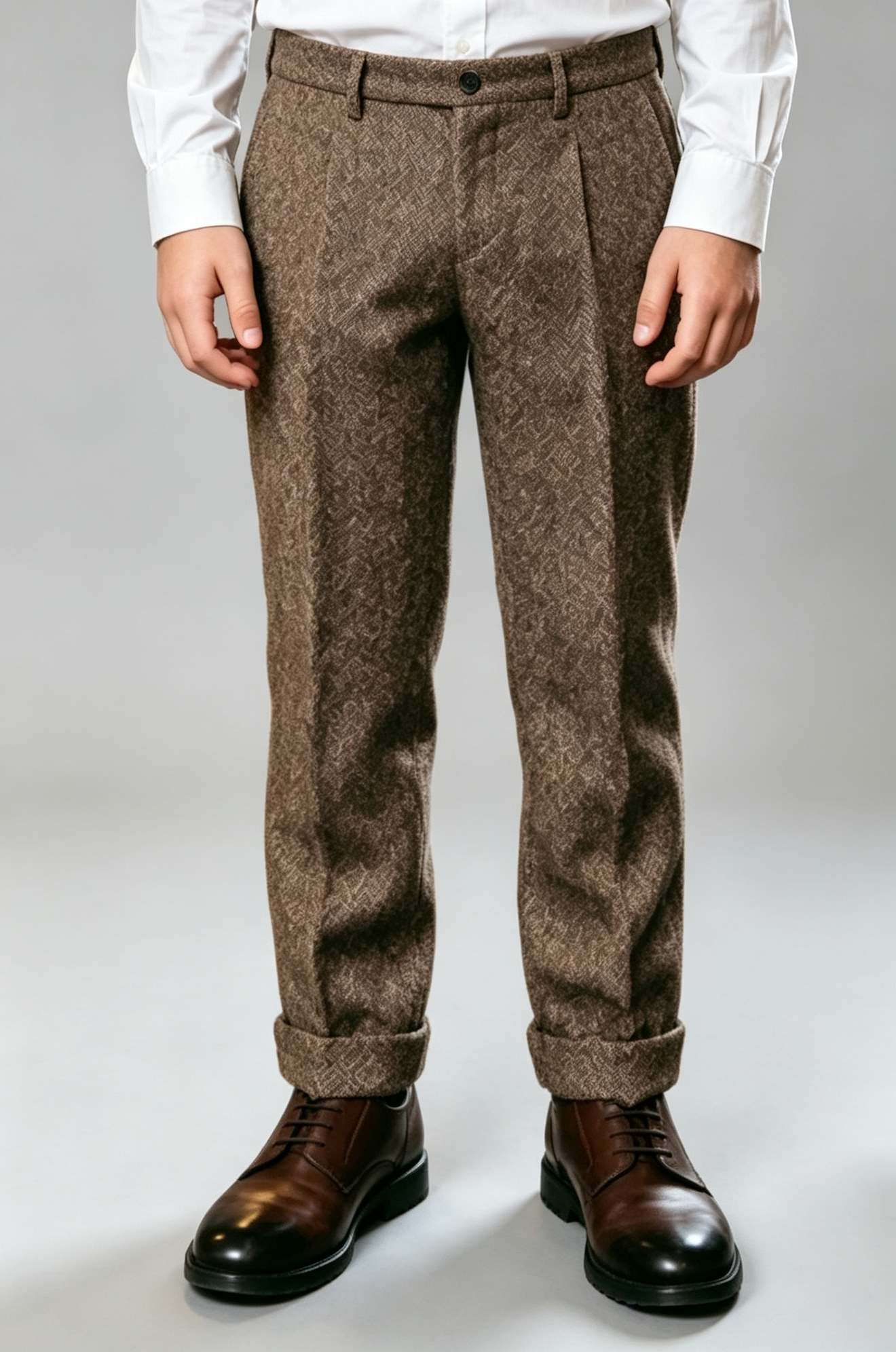 Dark Brown Herringbone Blend Straight‑Leg Suit Trousers