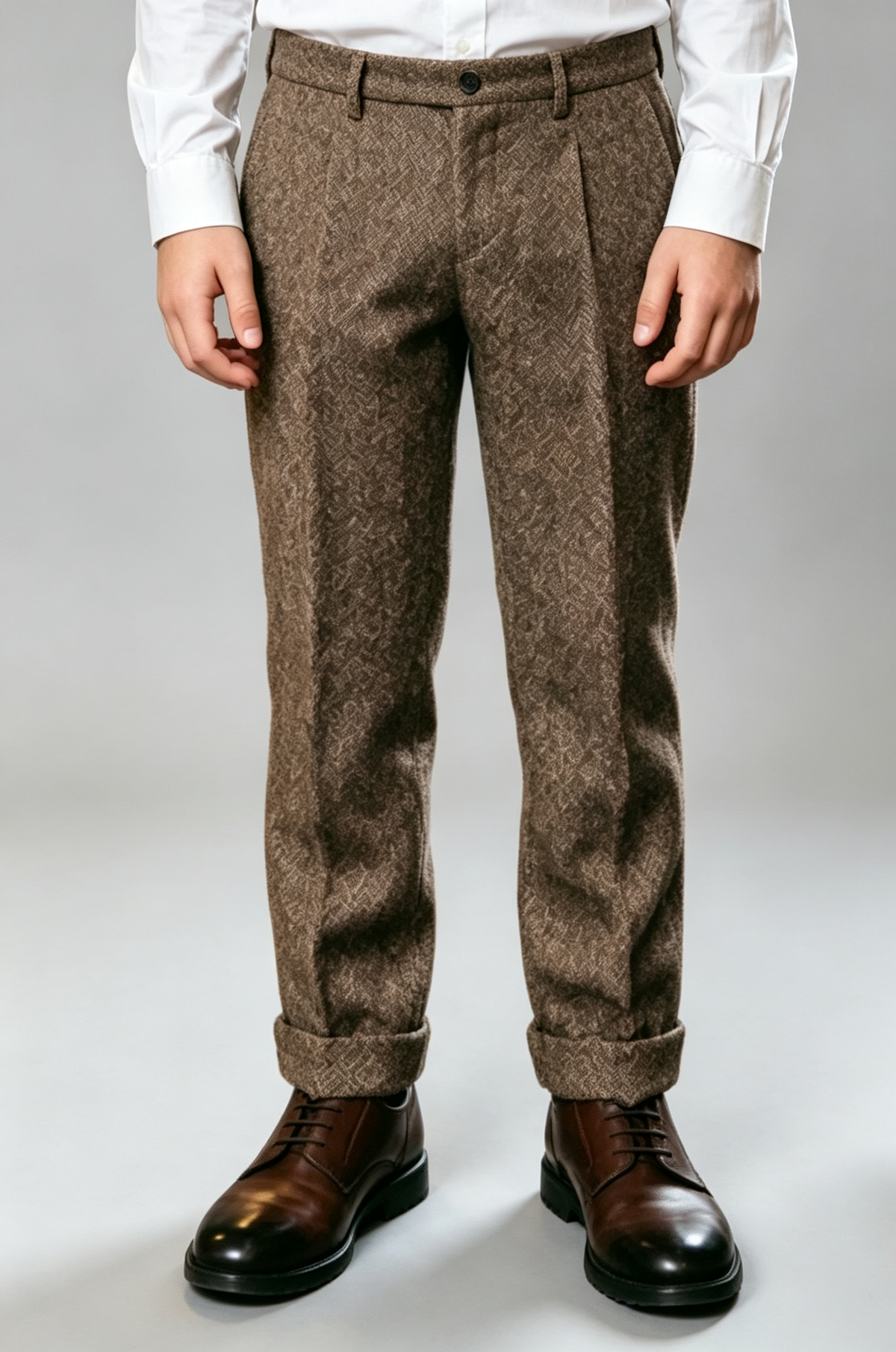 Dark Brown Herringbone Blend Straight‑Leg Suit Trousers