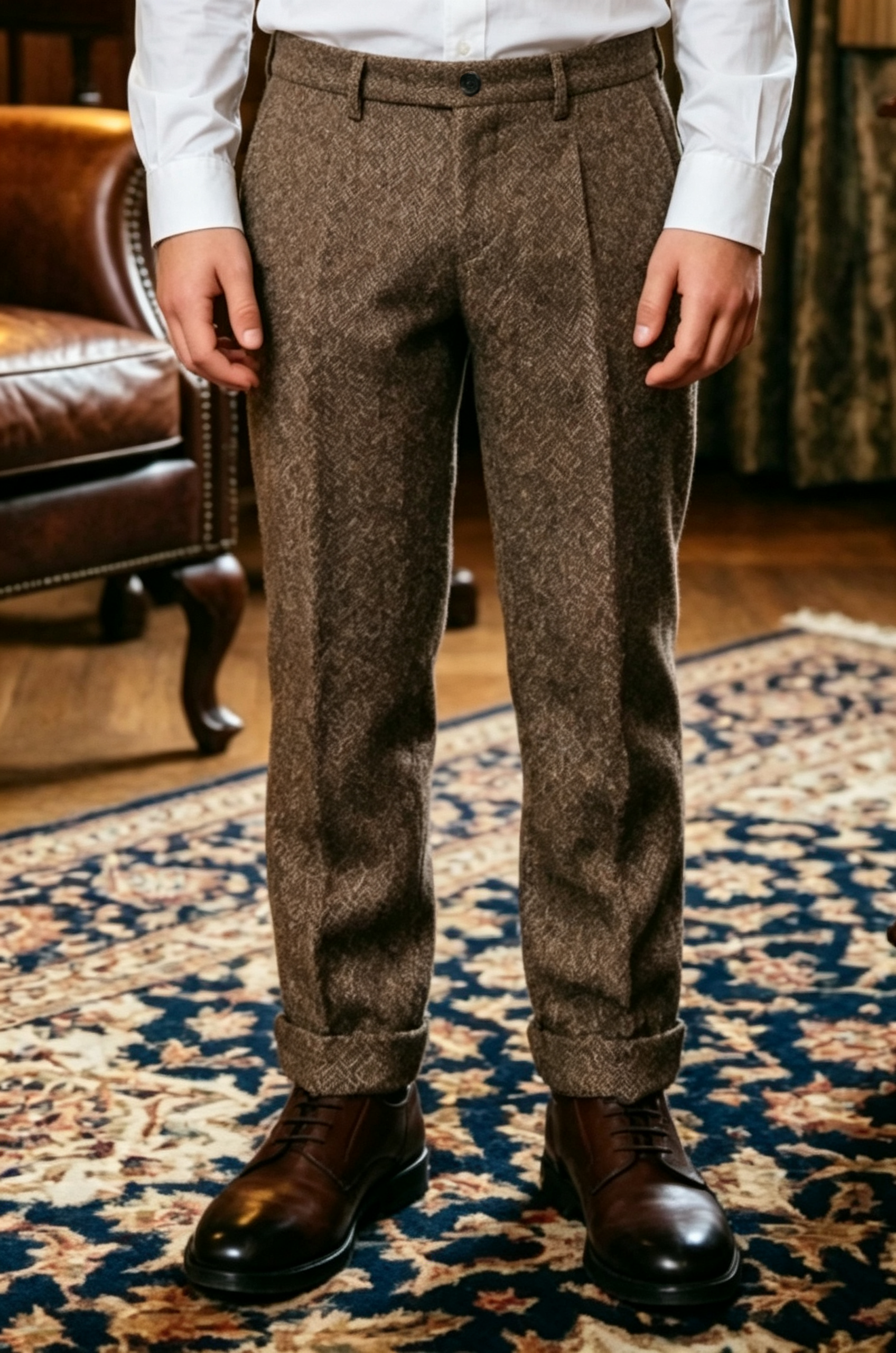 Dark Brown Herringbone Blend Straight‑Leg Suit Trousers