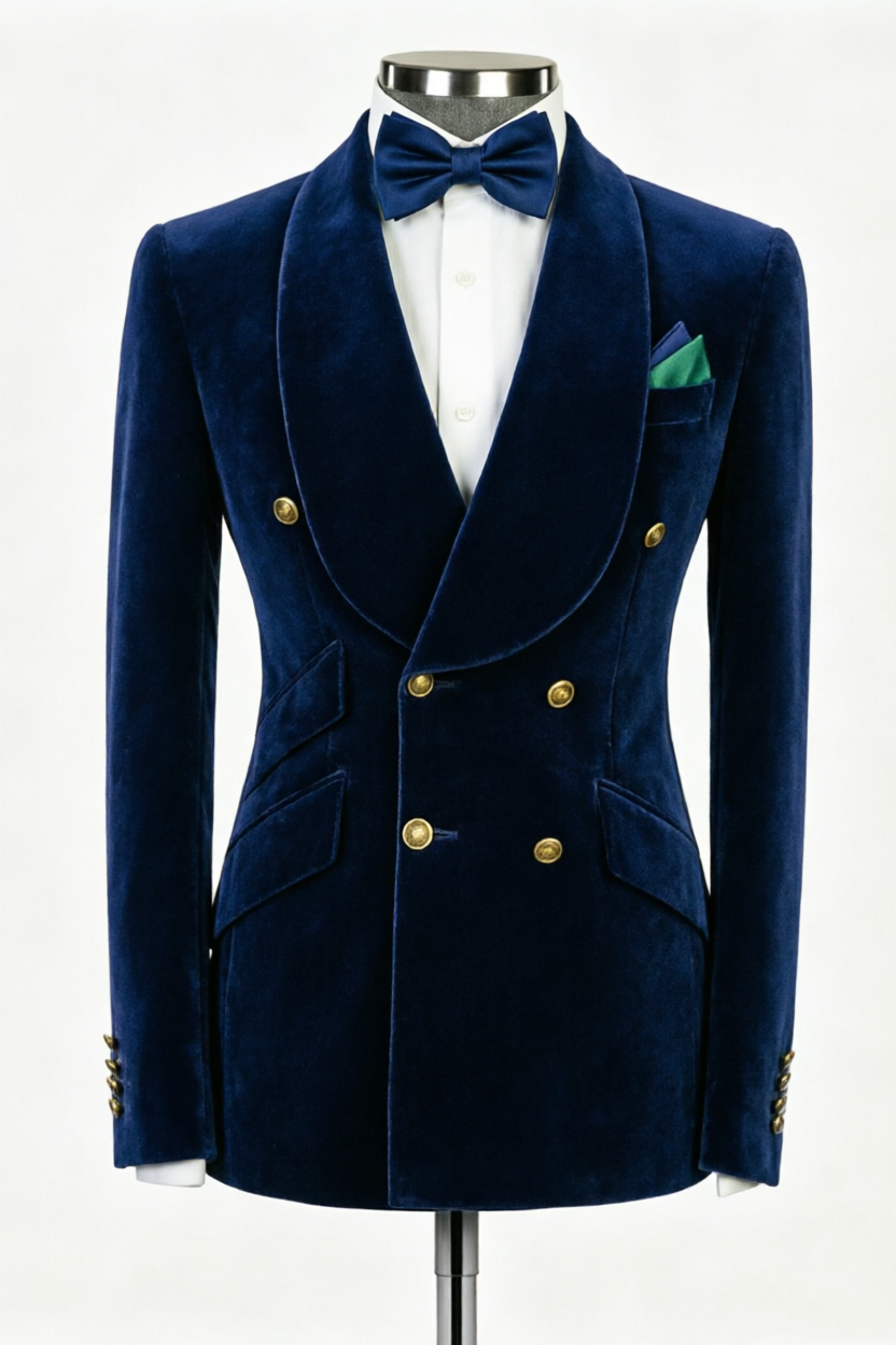 Navy Blue Velvet Double‑Breasted Vintage Blazer