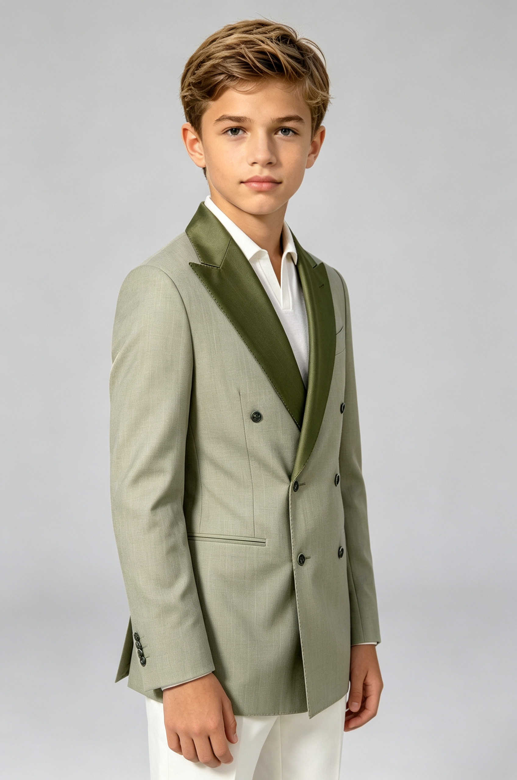 Sage Green Cotton‑Linen Blend Double‑Breasted Contrast Lapel Blazer