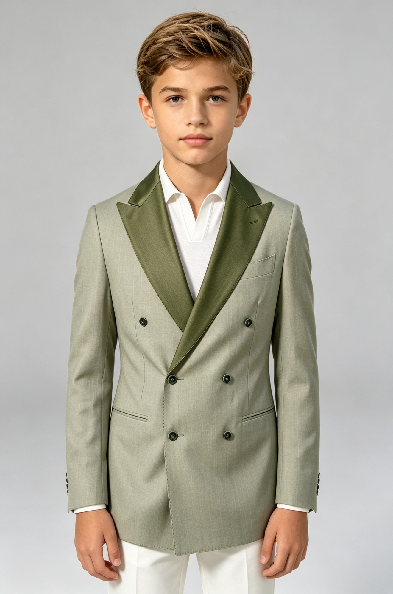 Sage Green Cotton‑Linen Blend Double‑Breasted Contrast Lapel Blazer