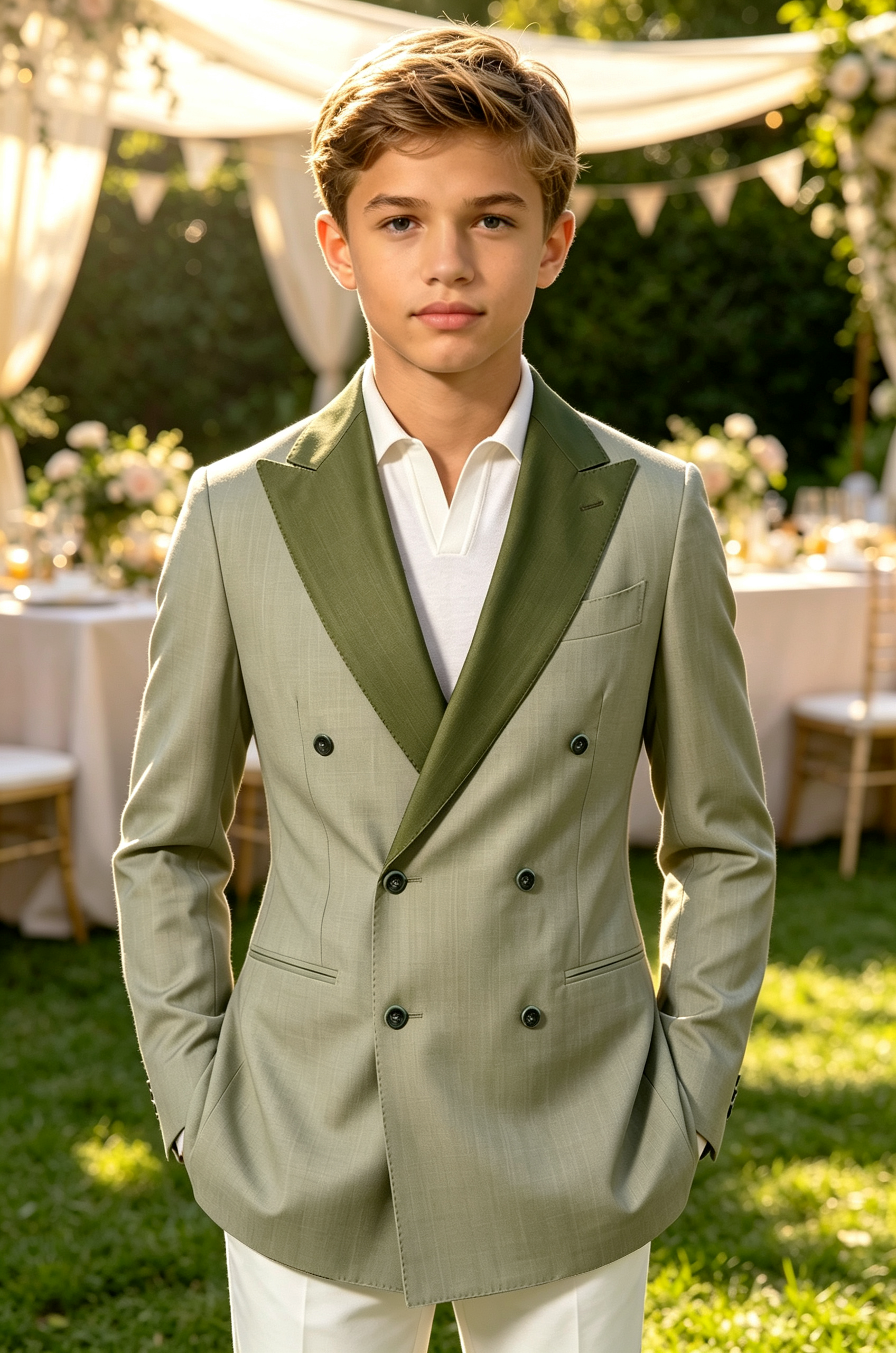 Sage Green Cotton‑Linen Blend Double‑Breasted Contrast Lapel Blazer