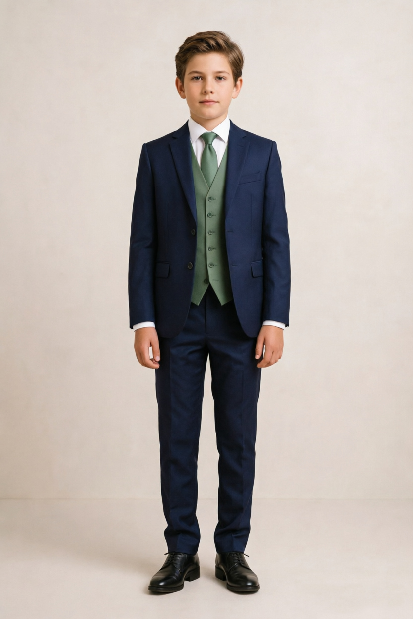 Navy Blue & Green Contrast Single‑Breasted Formal 3‑Piece Suit