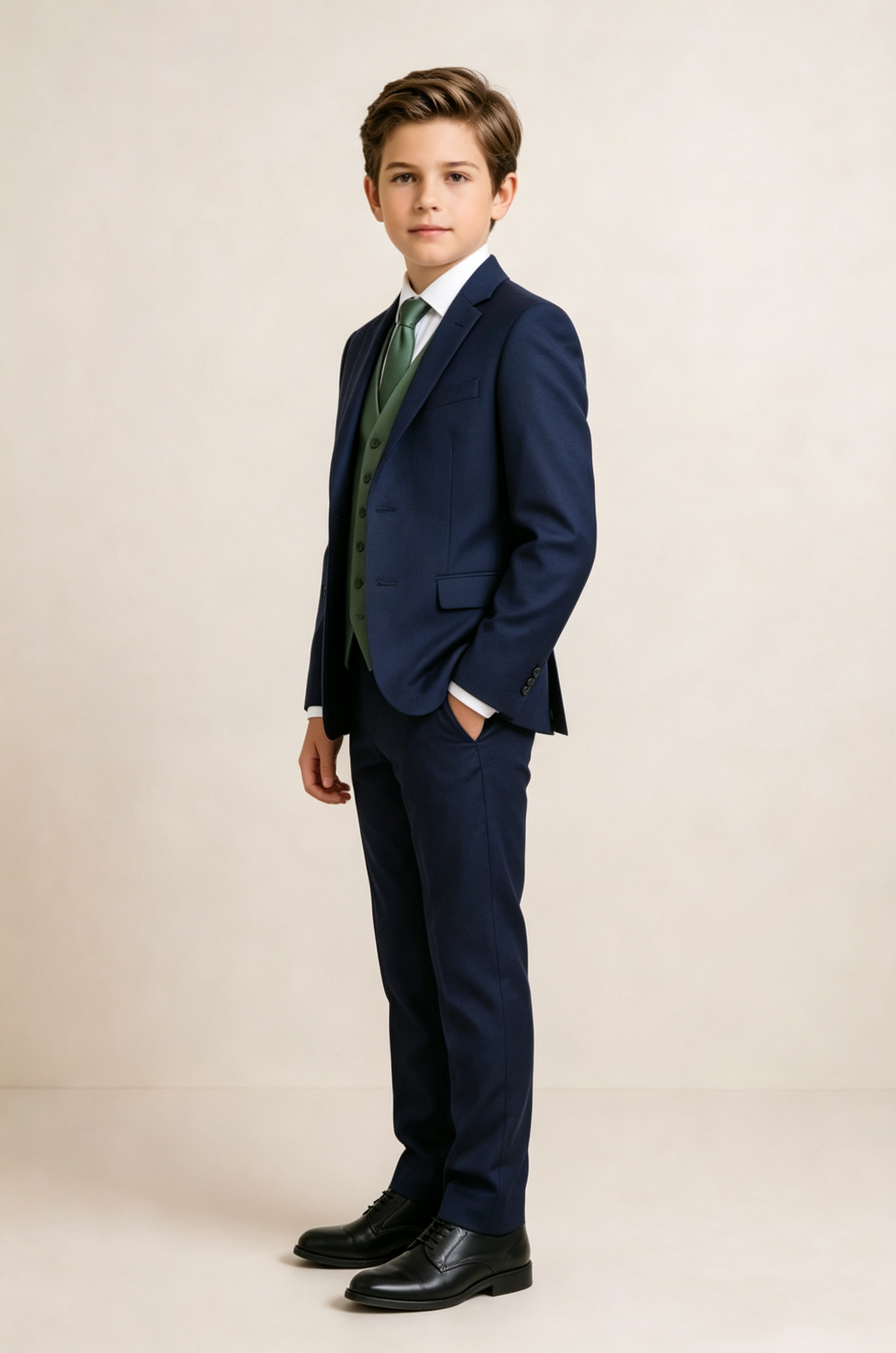 Navy Blue & Green Contrast Single‑Breasted Formal 3‑Piece Suit