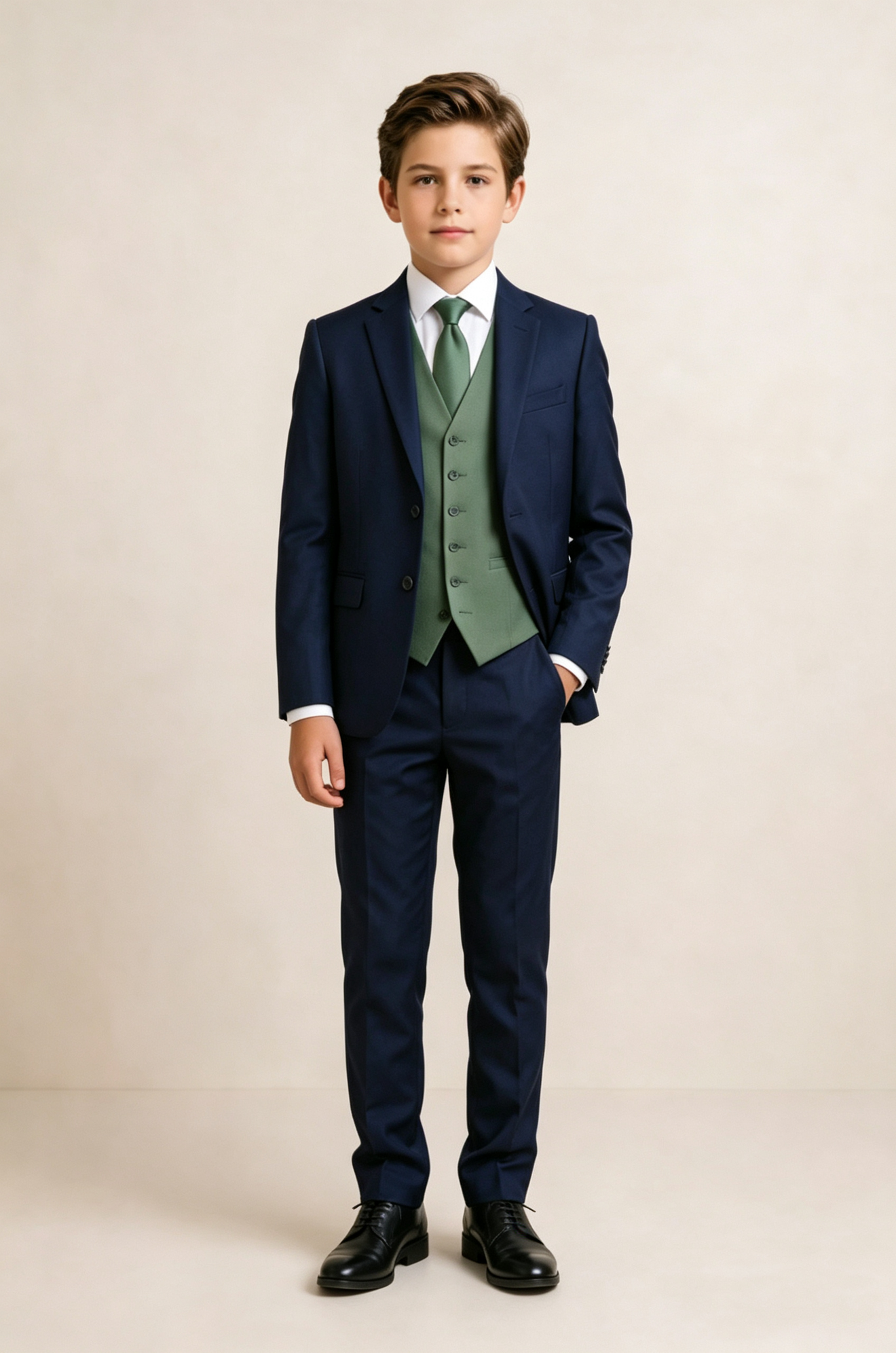 Navy Blue & Green Contrast Single‑Breasted Formal 3‑Piece Suit