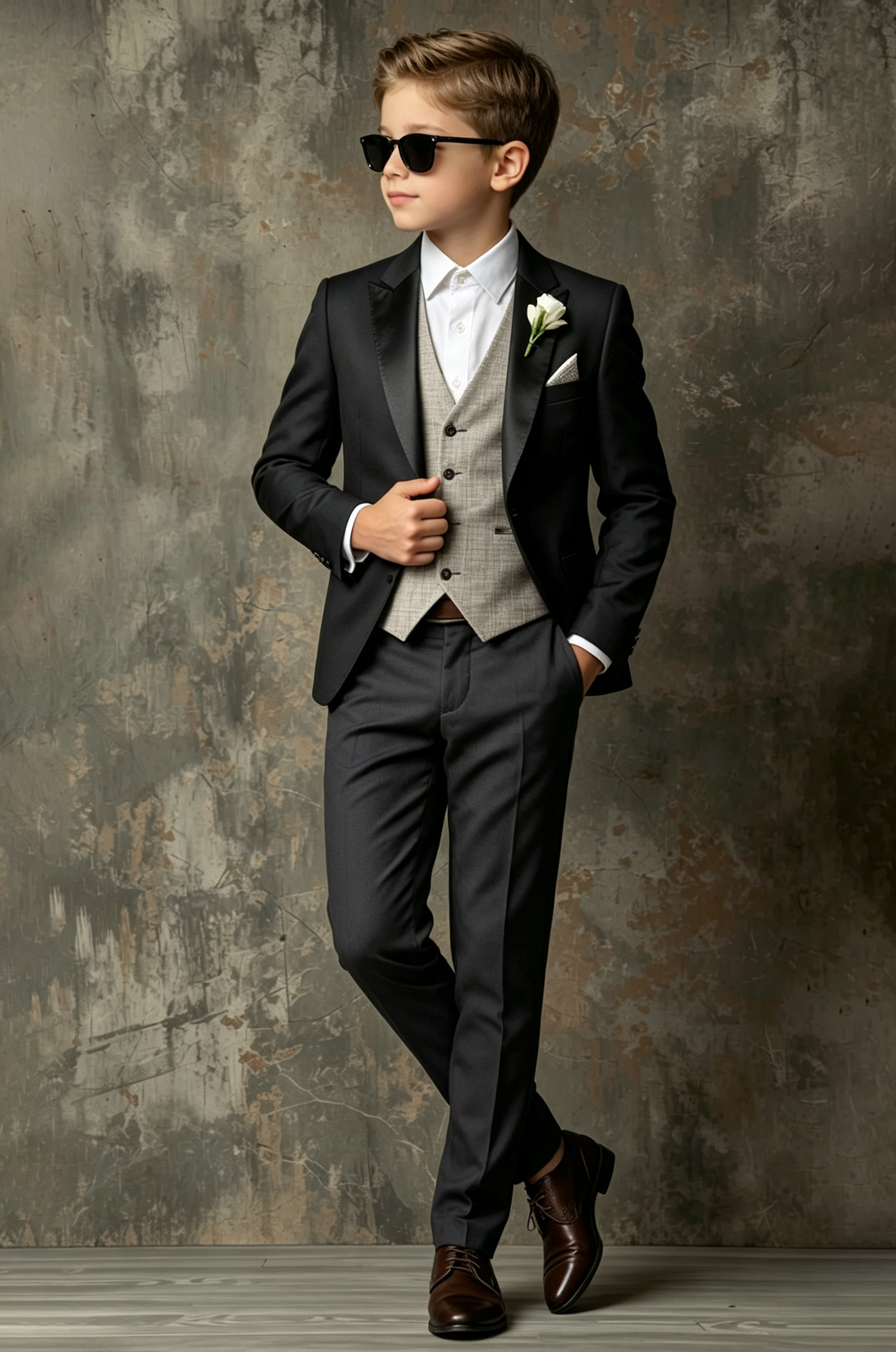 Black & Dark Grey Single‑Breasted Formal Tuxedo 3‑Piece Suit with Beige Waistcoat