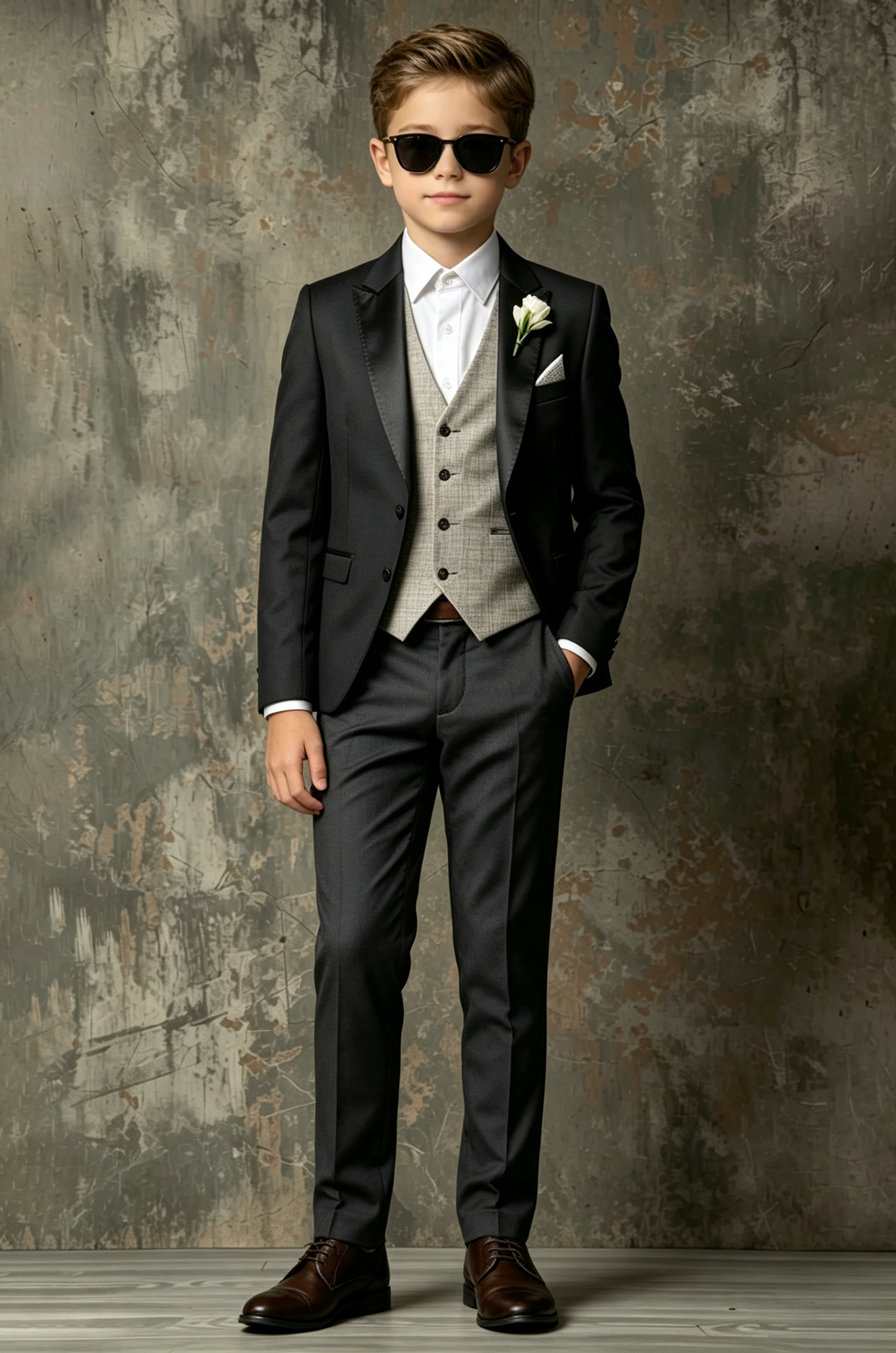 Black & Dark Grey Single‑Breasted Formal Tuxedo 3‑Piece Suit with Beige Waistcoat