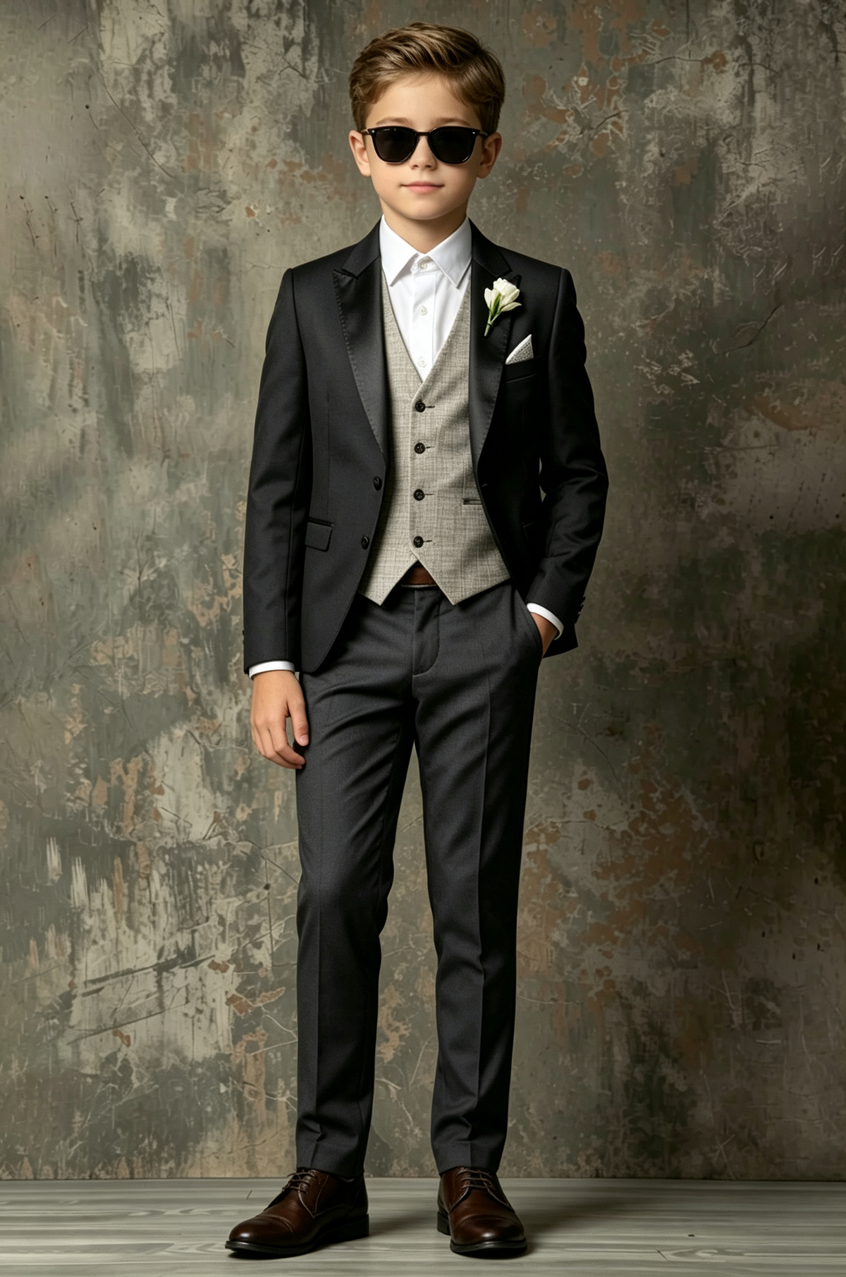 Black & Dark Grey Single‑Breasted Formal Tuxedo 3‑Piece Suit with Beige Waistcoat