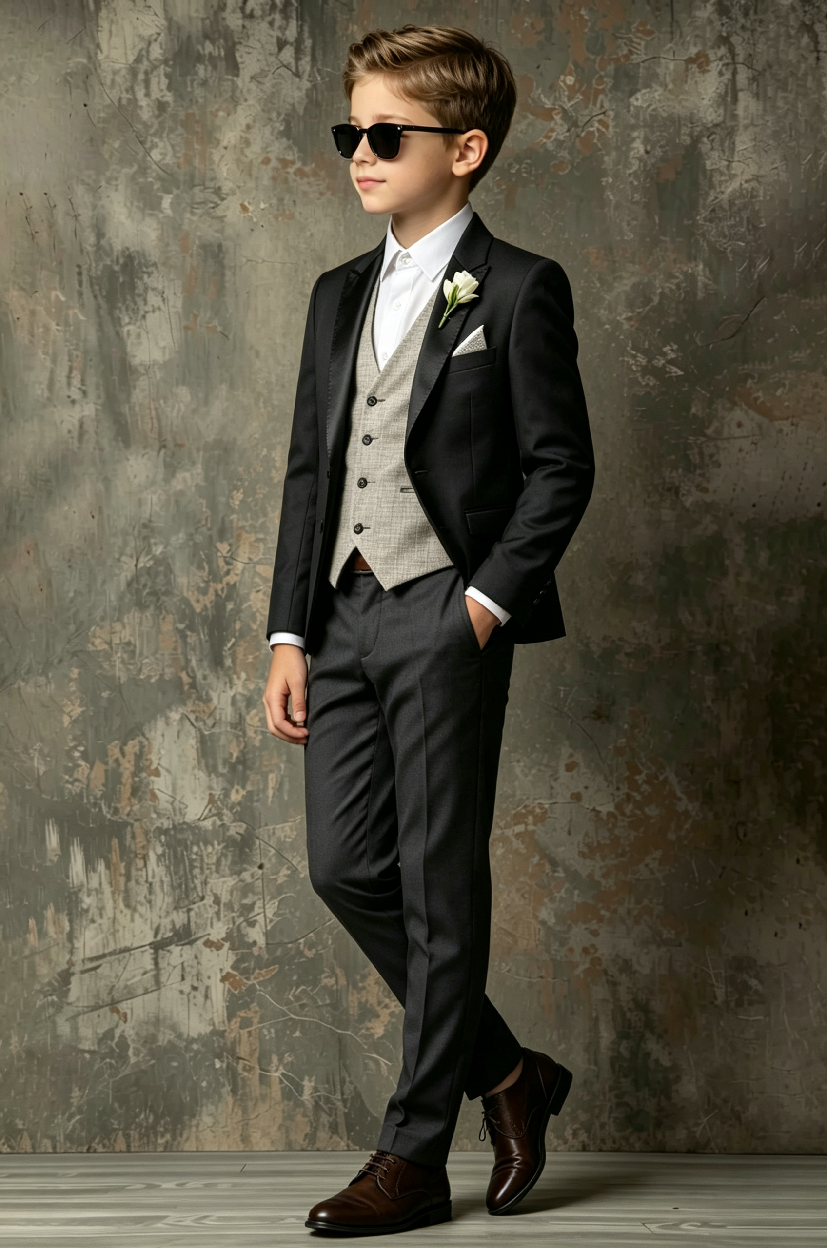 Black & Dark Grey Single‑Breasted Formal Tuxedo 3‑Piece Suit with Beige Waistcoat