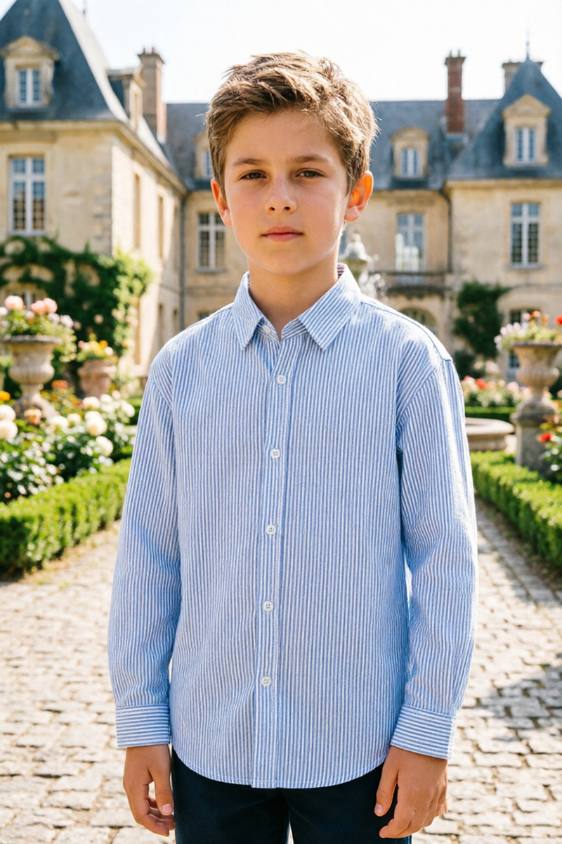 Boys Blue & White Striped Dress Shirt for Weddings with Point Collar
