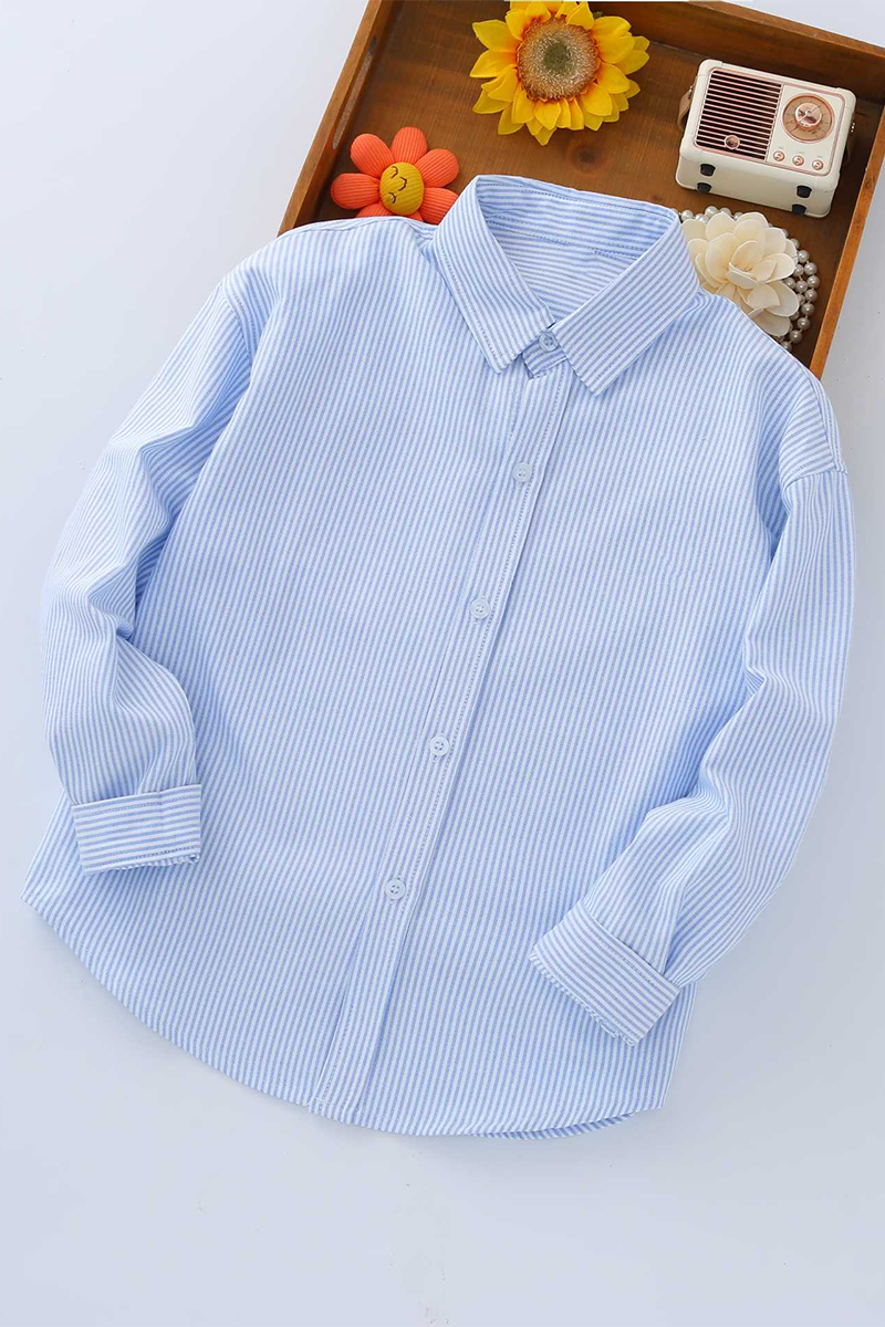 Boys Blue & White Striped Dress Shirt for Weddings with Point Collar
