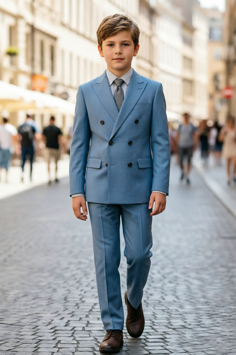 Boys Light Blue Double‑Breasted Two‑Piece Suit for Weddings with Peak Lapel