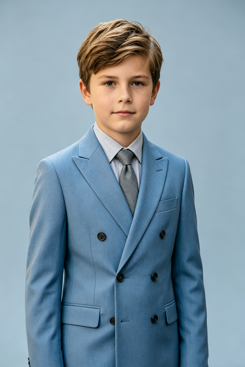 Boys Light Blue Double‑Breasted Two‑Piece Suit for Weddings with Peak Lapel