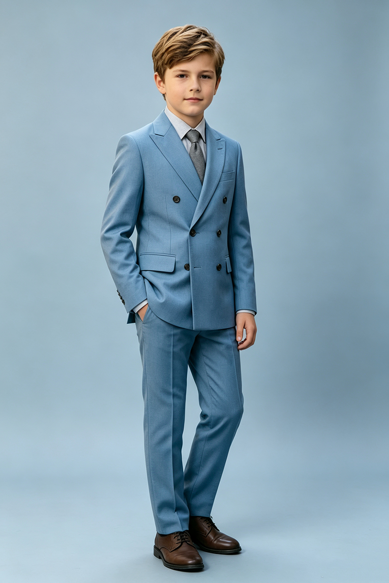 Boys Light Blue Double‑Breasted Two‑Piece Suit for Weddings with Peak Lapel