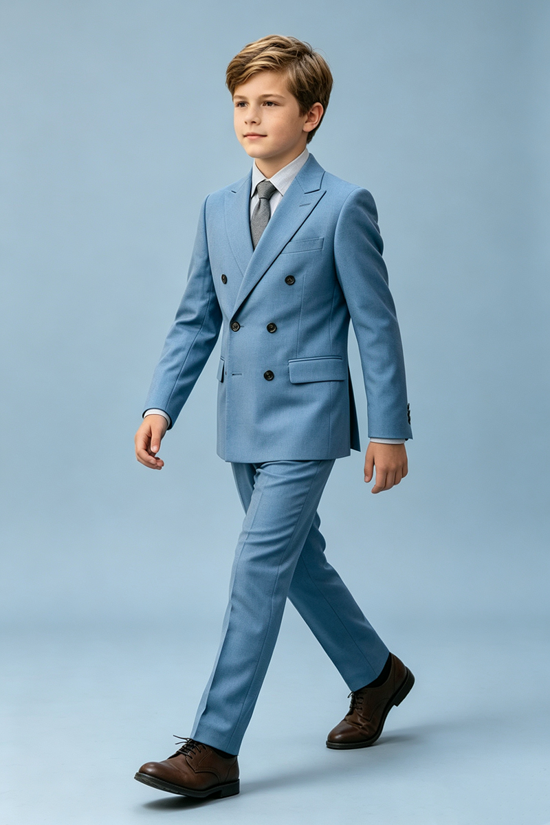 Boys Light Blue Double‑Breasted Two‑Piece Suit for Weddings with Peak Lapel
