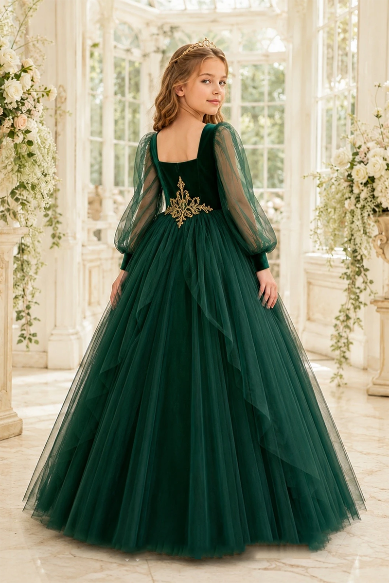 Girls Green Velvet‑Tulle Ball Gown for Weddings with Gold Embroidery Details
