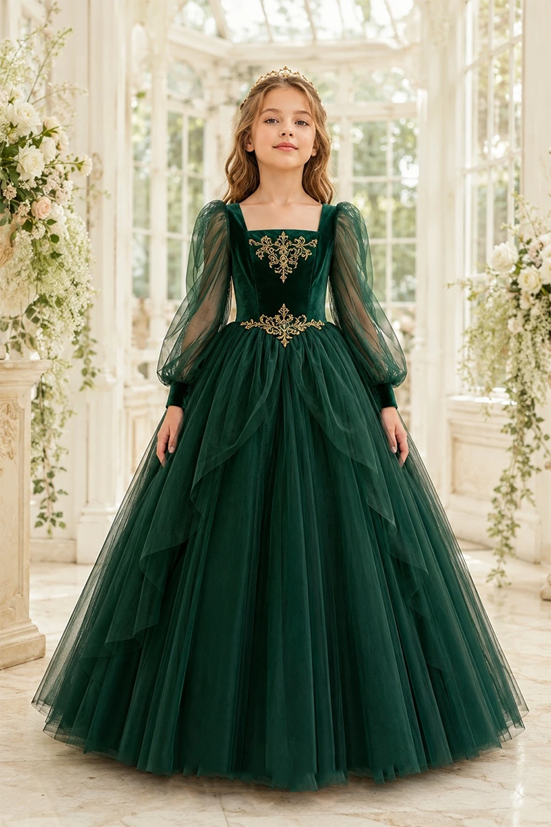 Girls Green Velvet‑Tulle Ball Gown for Weddings with Gold Embroidery Details
