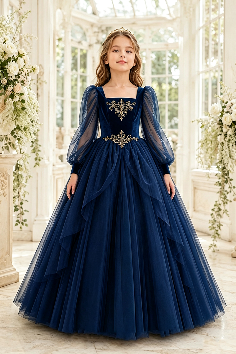 Girls Green Velvet‑Tulle Ball Gown for Weddings with Gold Embroidery Details