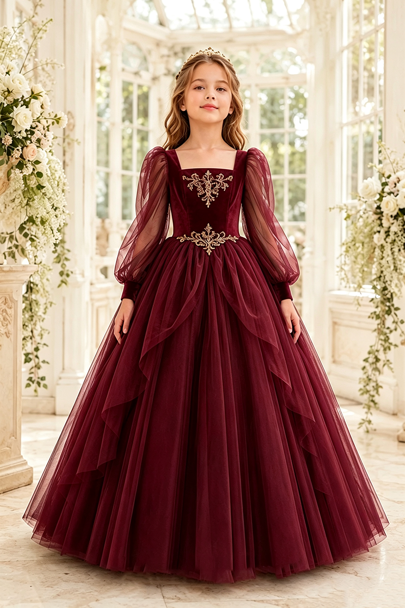 Girls Green Velvet‑Tulle Ball Gown for Weddings with Gold Embroidery Details
