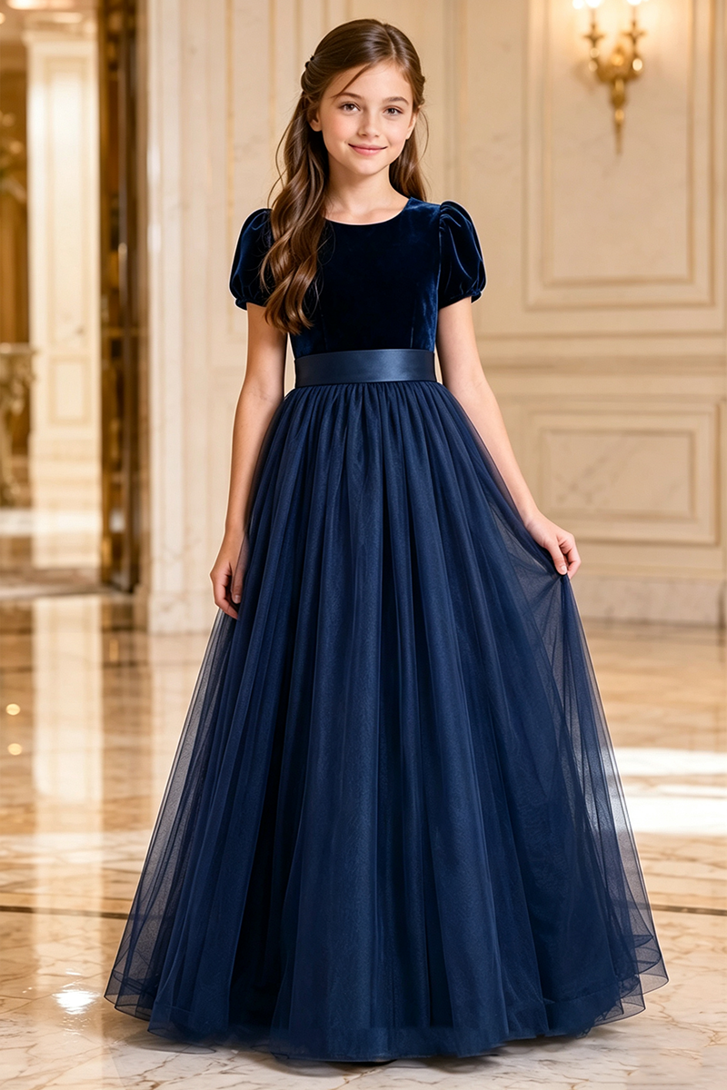 Girls Dark Green Velvet‑Tulle Flower Girl Dress for Weddings with Satin Waist Sash