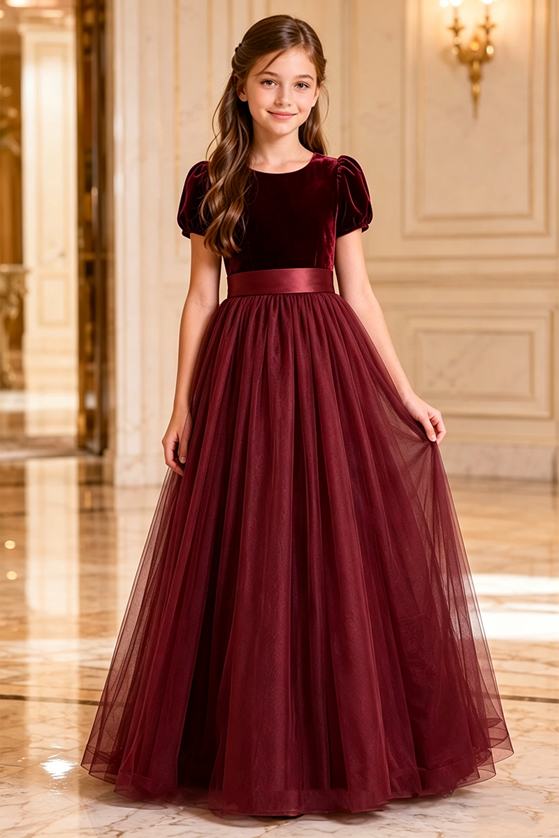 Girls Dark Green Velvet‑Tulle Flower Girl Dress for Weddings with Satin Waist Sash