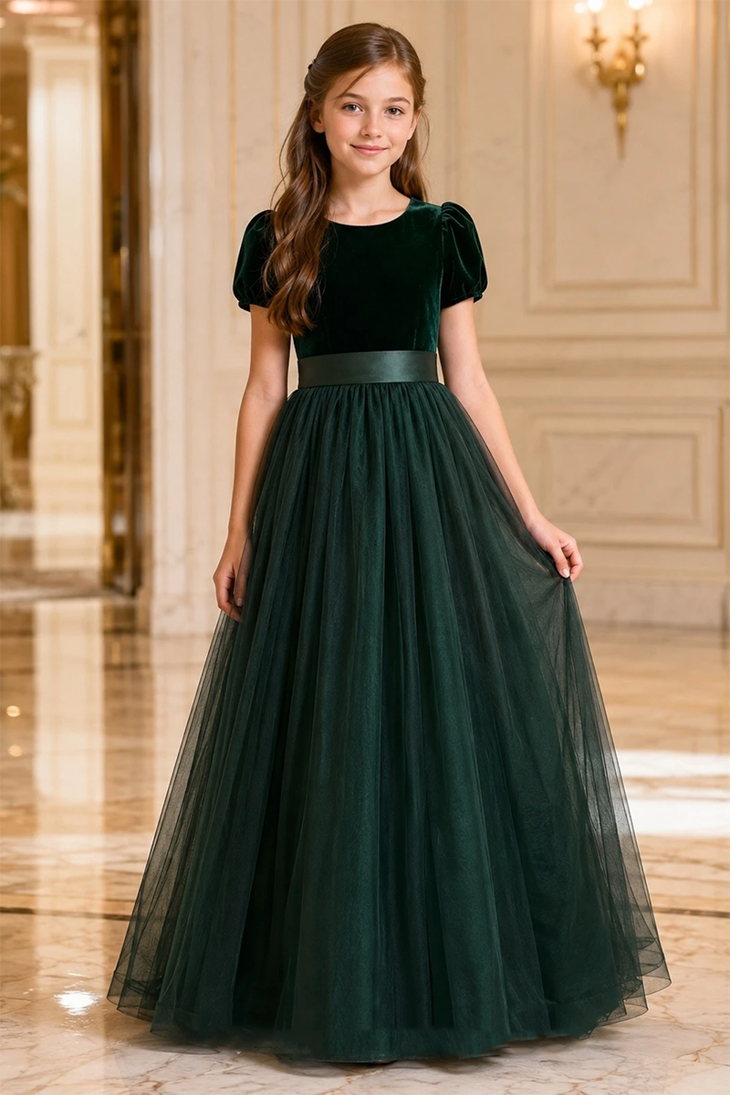 Girls Dark Green Velvet‑Tulle Flower Girl Dress for Weddings with Satin Waist Sash