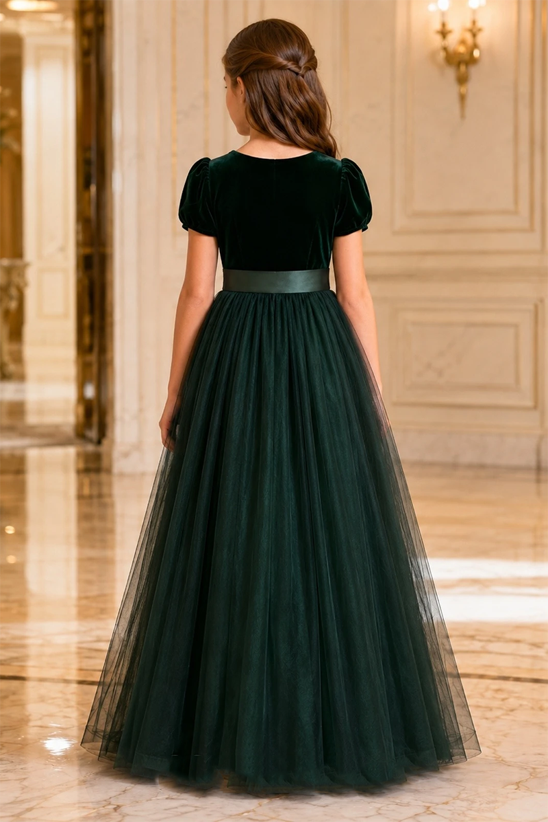 Girls Dark Green Velvet‑Tulle Flower Girl Dress for Weddings with Satin Waist Sash