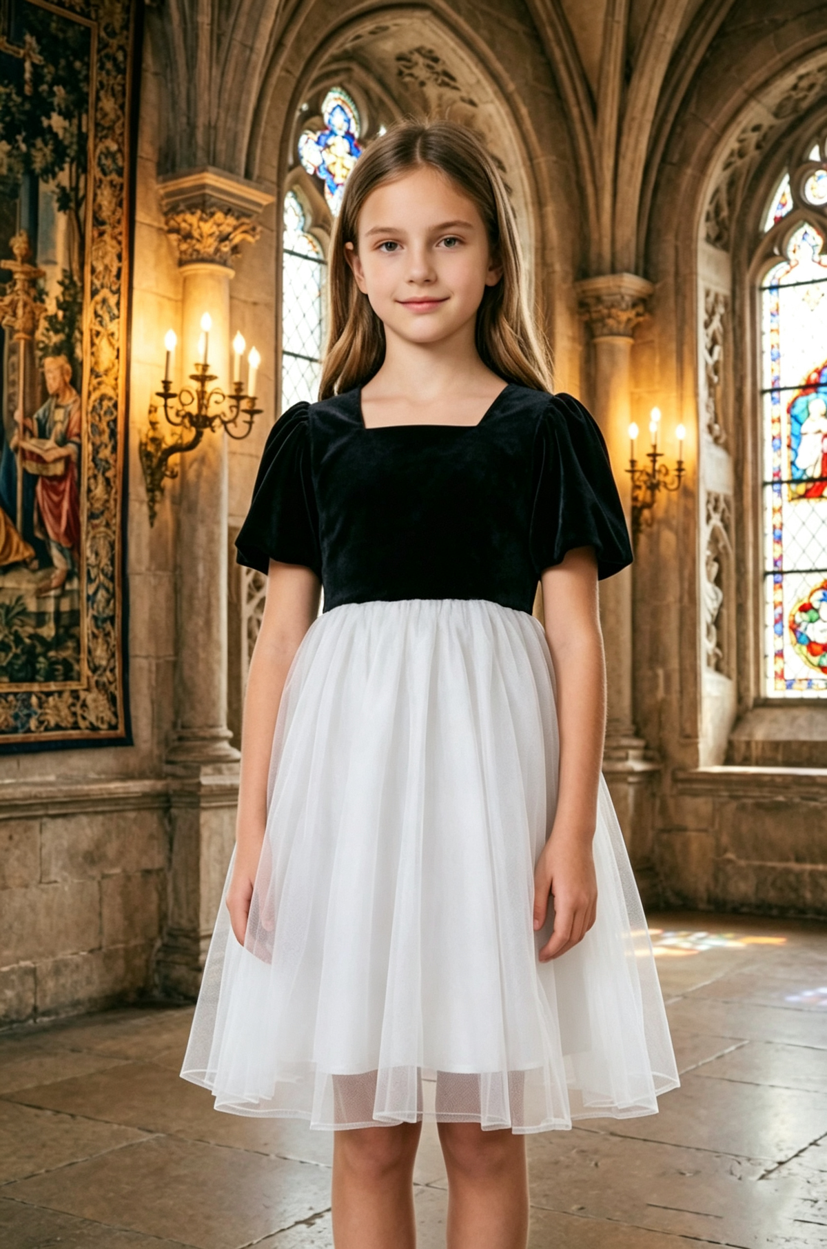 Black Velvet Tulle Square‑Neck Puff‑Sleeve A‑Line Formal Midi Dress