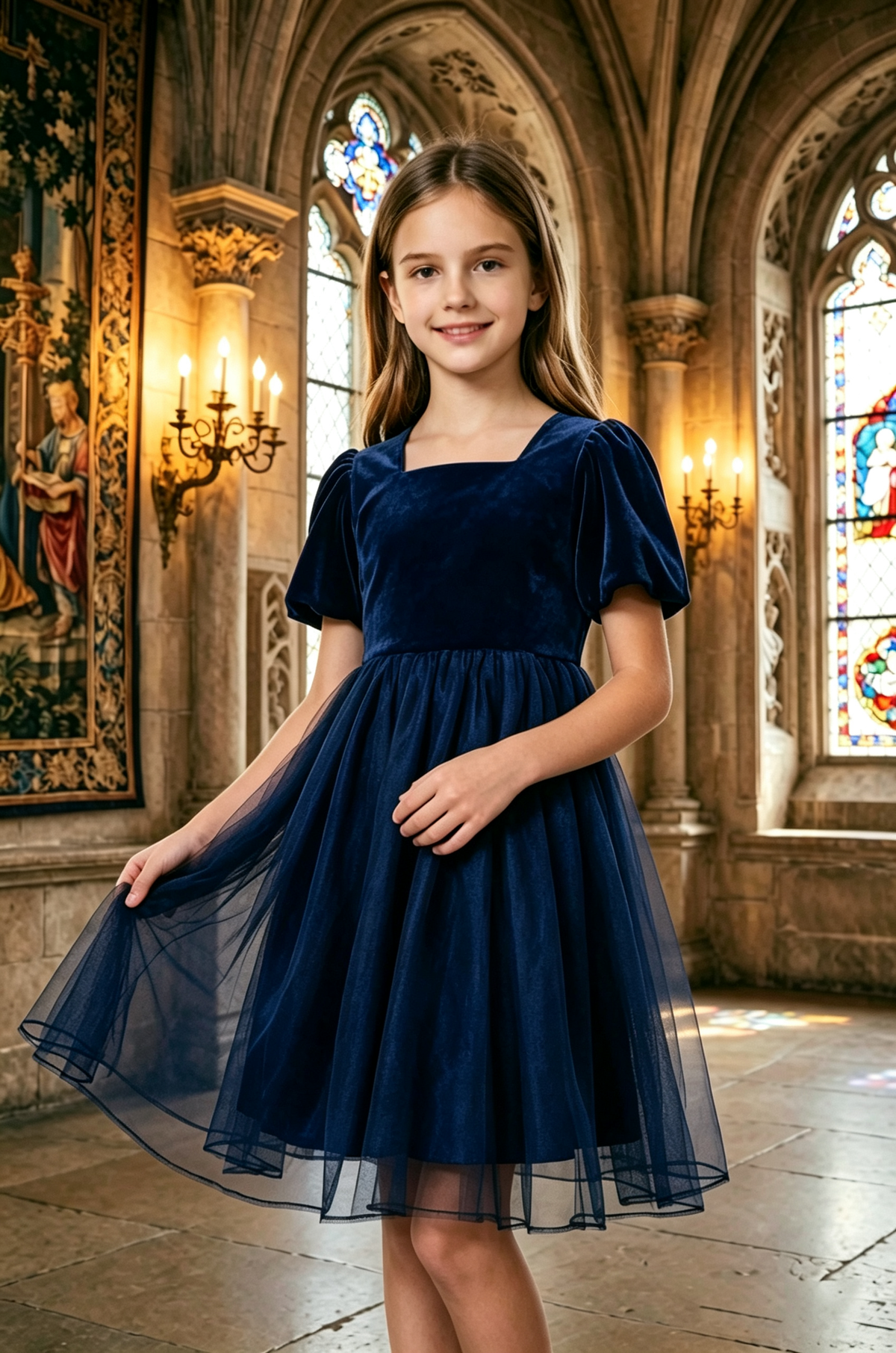 Black Velvet Tulle Square‑Neck Puff‑Sleeve A‑Line Formal Midi Dress