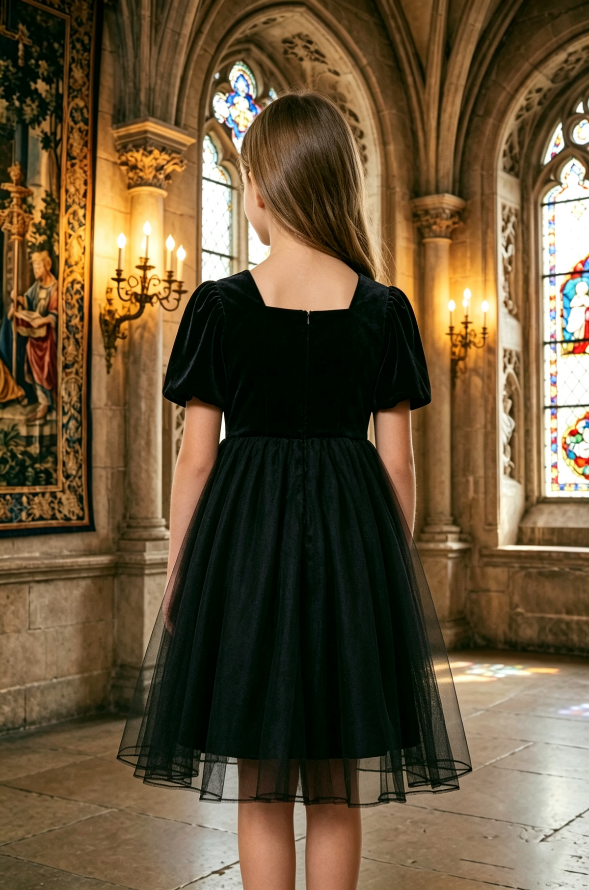 Black Velvet Tulle Square‑Neck Puff‑Sleeve A‑Line Formal Midi Dress