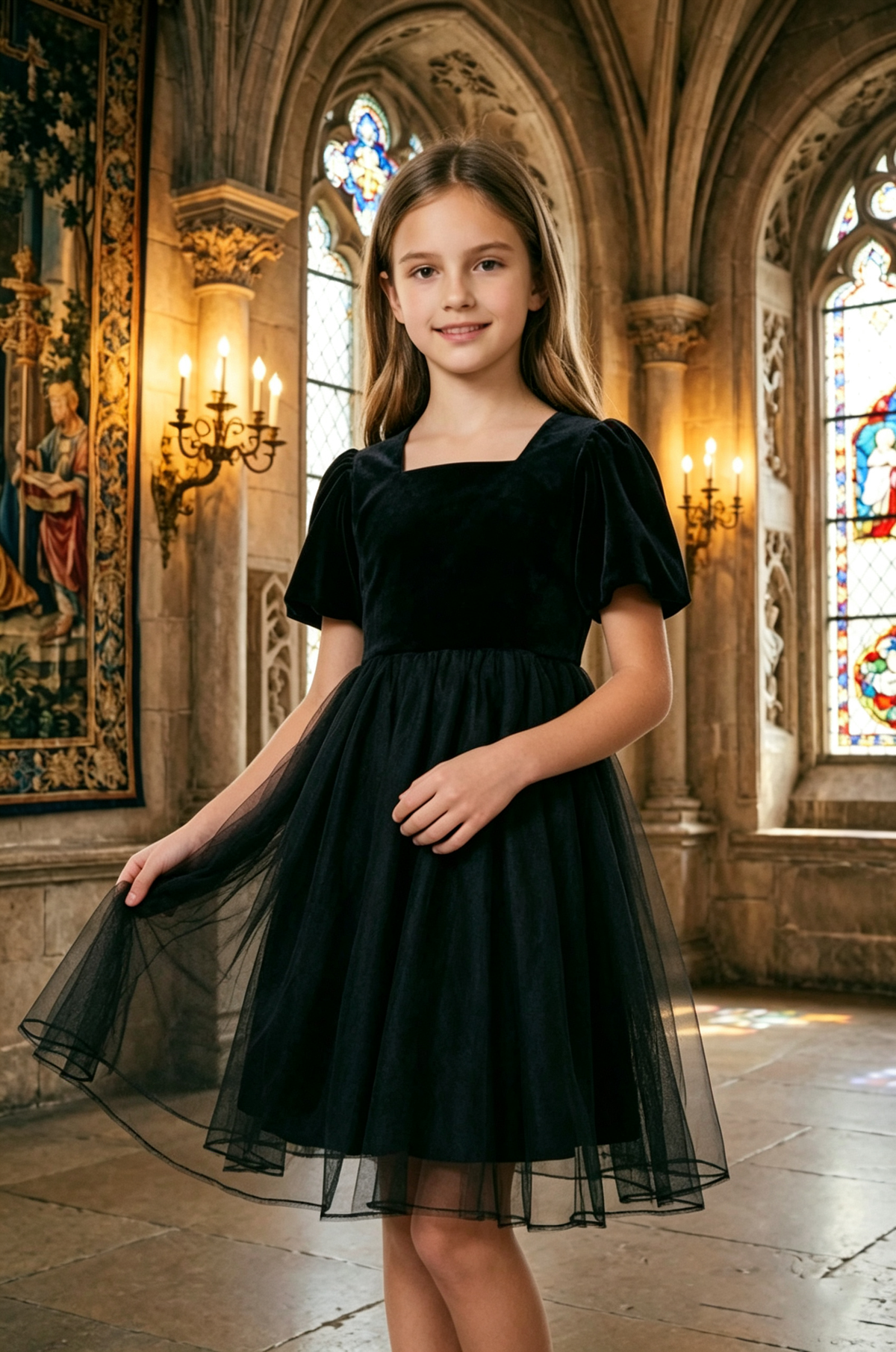 Black Velvet Tulle Square‑Neck Puff‑Sleeve A‑Line Formal Midi Dress