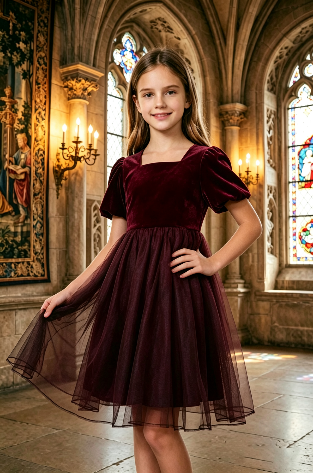 Black Velvet Tulle Square‑Neck Puff‑Sleeve A‑Line Formal Midi Dress