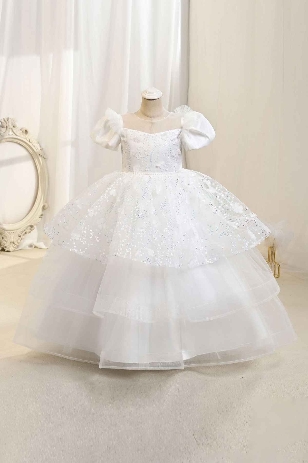 Pink Sequin 3D‑Flower Tulle Round‑Neck Puff‑Sleeve Tiered A‑Line Maxi Dress