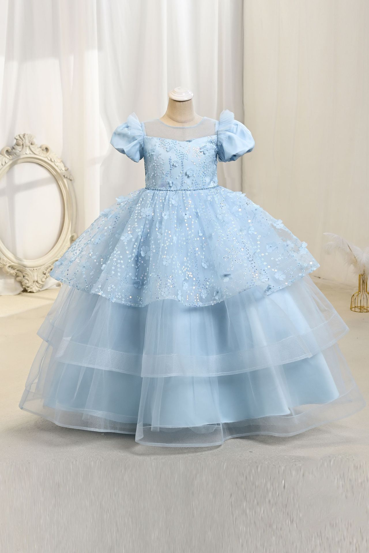 Pink Sequin 3D‑Flower Tulle Round‑Neck Puff‑Sleeve Tiered A‑Line Maxi Dress