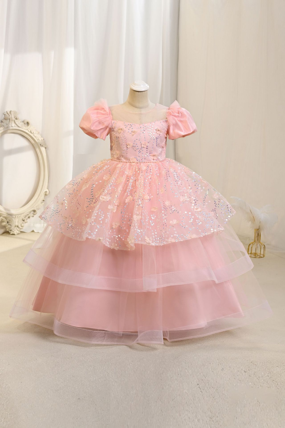 Pink Sequin 3D‑Flower Tulle Round‑Neck Puff‑Sleeve Tiered A‑Line Maxi Dress