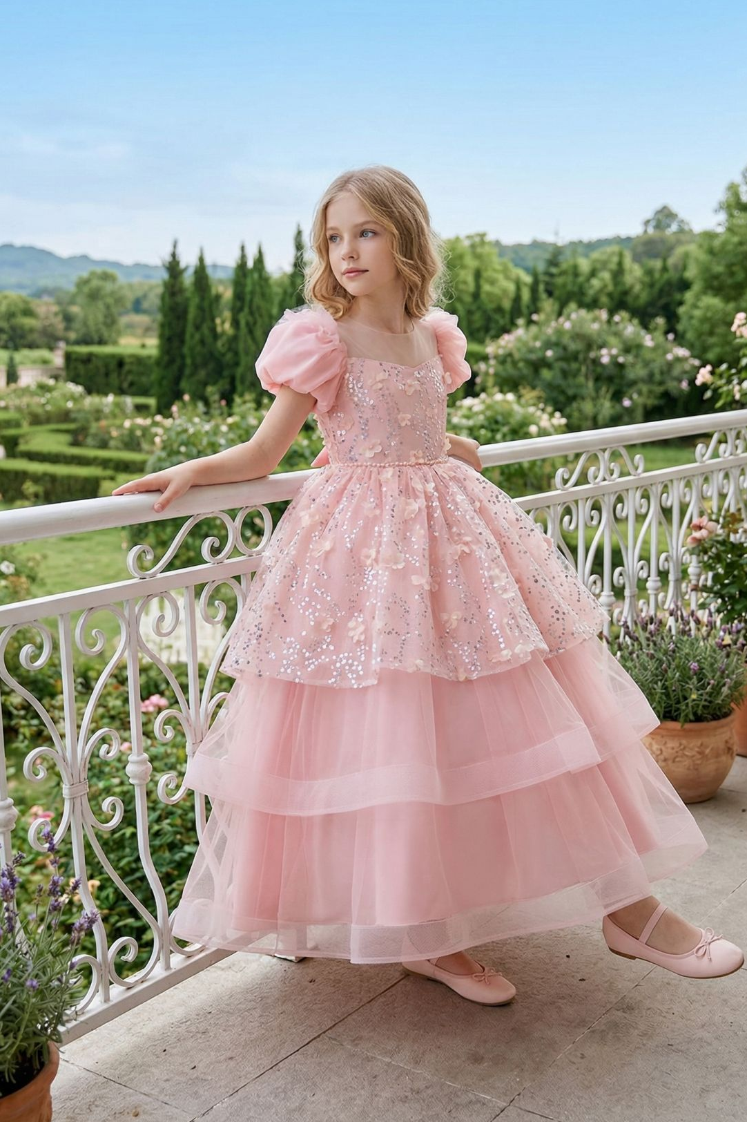 Pink Sequin 3D‑Flower Tulle Round‑Neck Puff‑Sleeve Tiered A‑Line Maxi Dress
