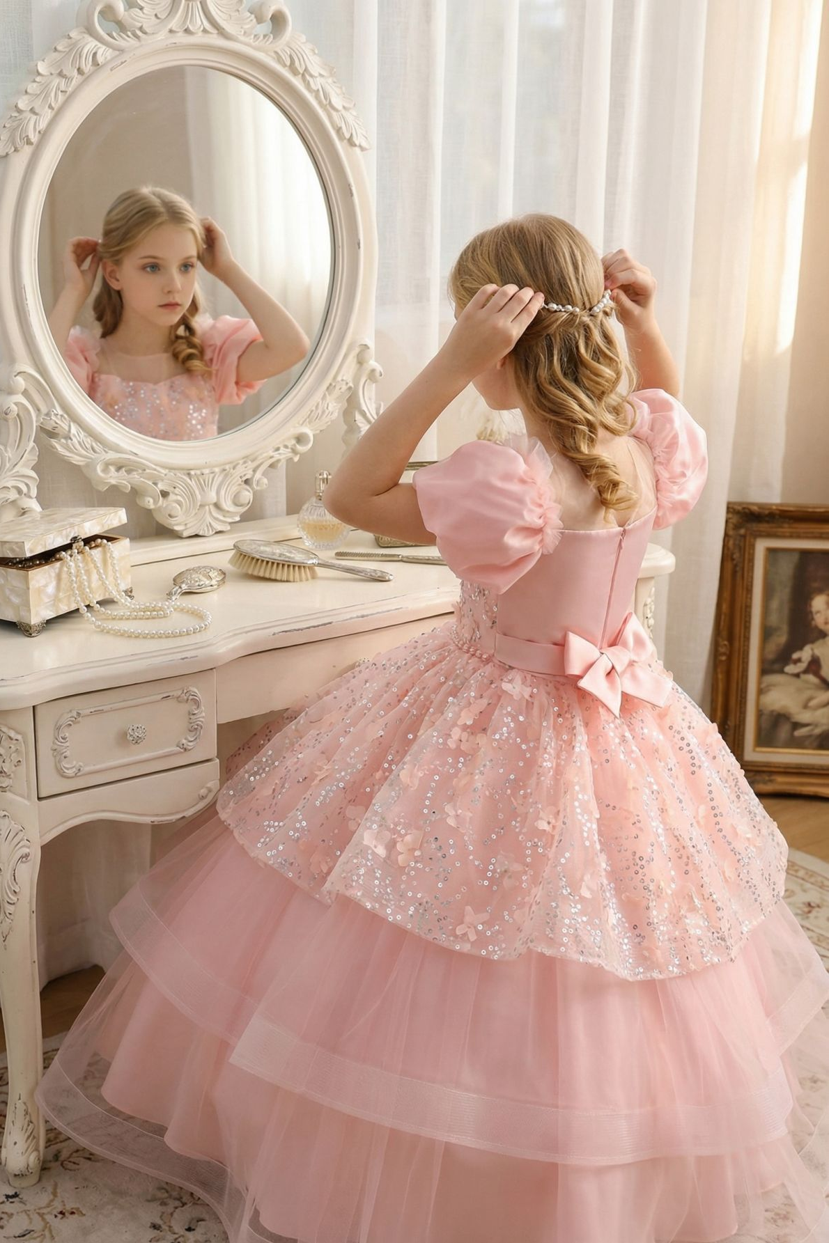 Pink Sequin 3D‑Flower Tulle Round‑Neck Puff‑Sleeve Tiered A‑Line Maxi Dress