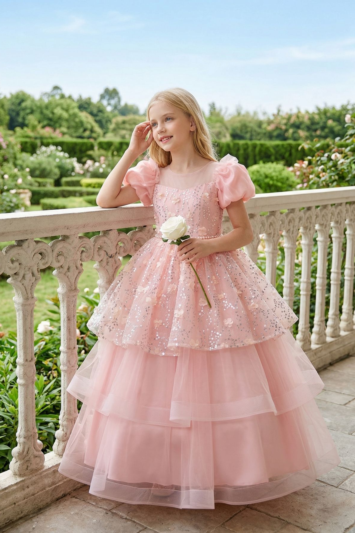 Pink Sequin 3D‑Flower Tulle Round‑Neck Puff‑Sleeve Tiered A‑Line Maxi Dress