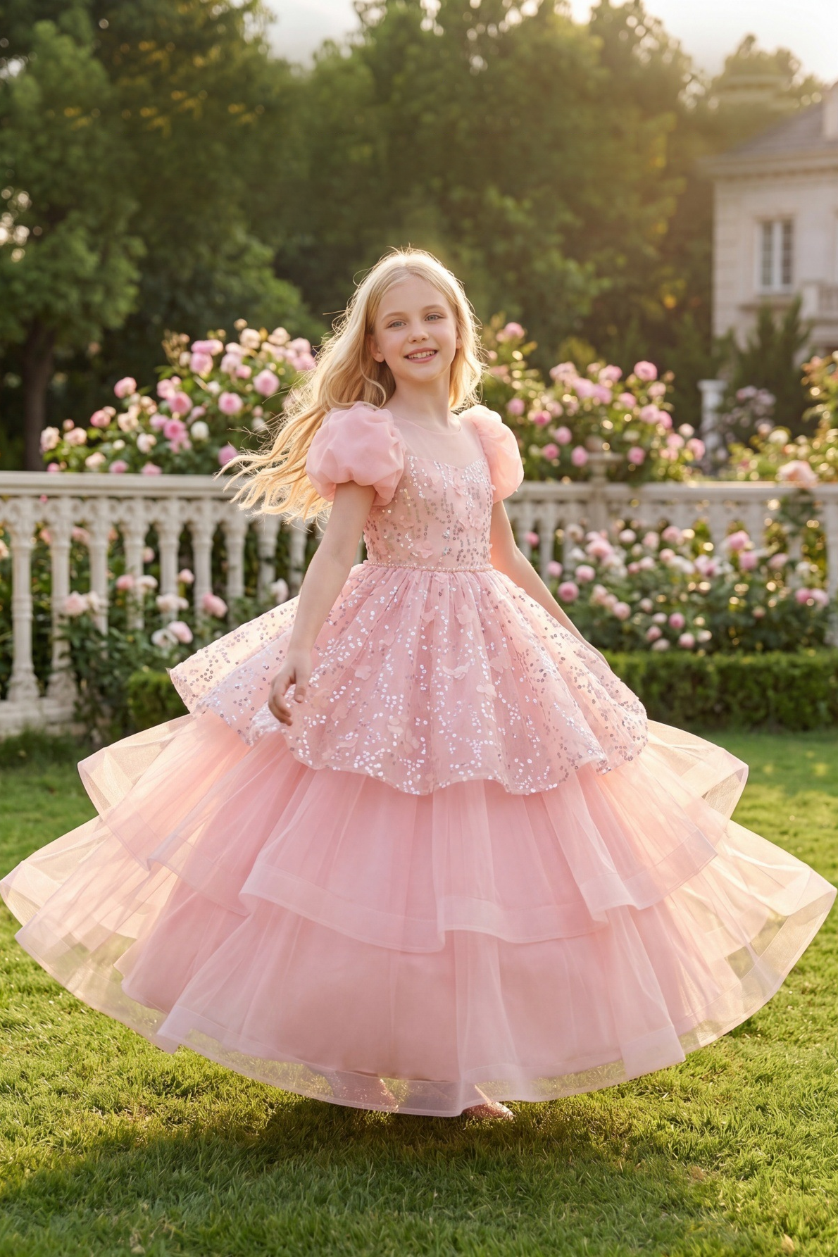 Pink Sequin 3D‑Flower Tulle Round‑Neck Puff‑Sleeve Tiered A‑Line Maxi Dress