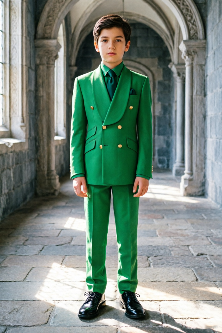 Boys Green Formal Gold Double‑Breasted 2‑Piece Suit