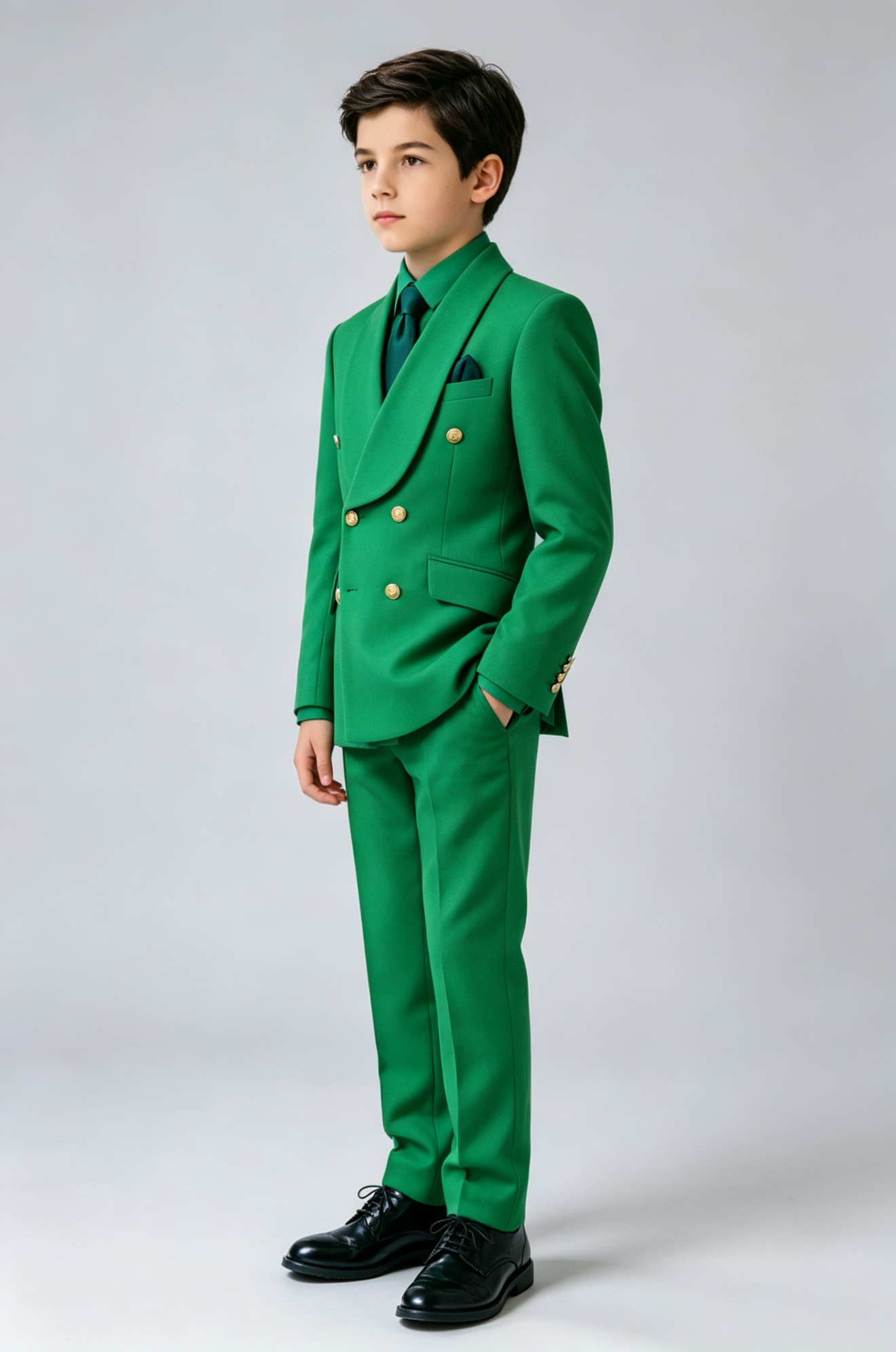 Boys Green Formal Gold Double‑Breasted 2‑Piece Suit