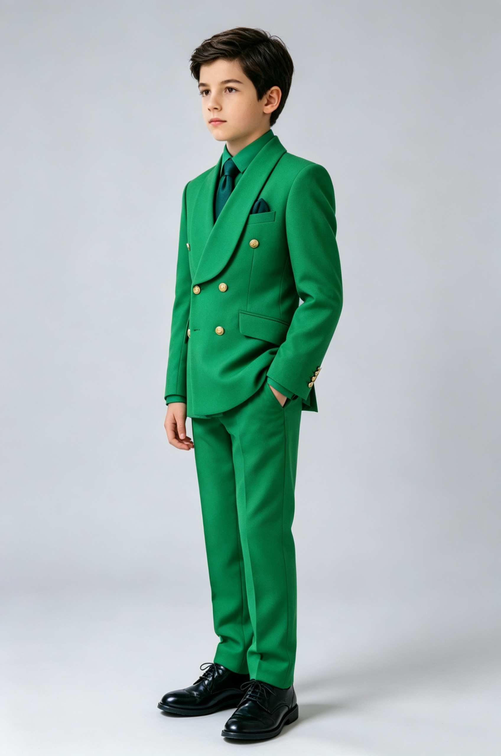 Boys Green Formal Gold Double‑Breasted 2‑Piece Suit