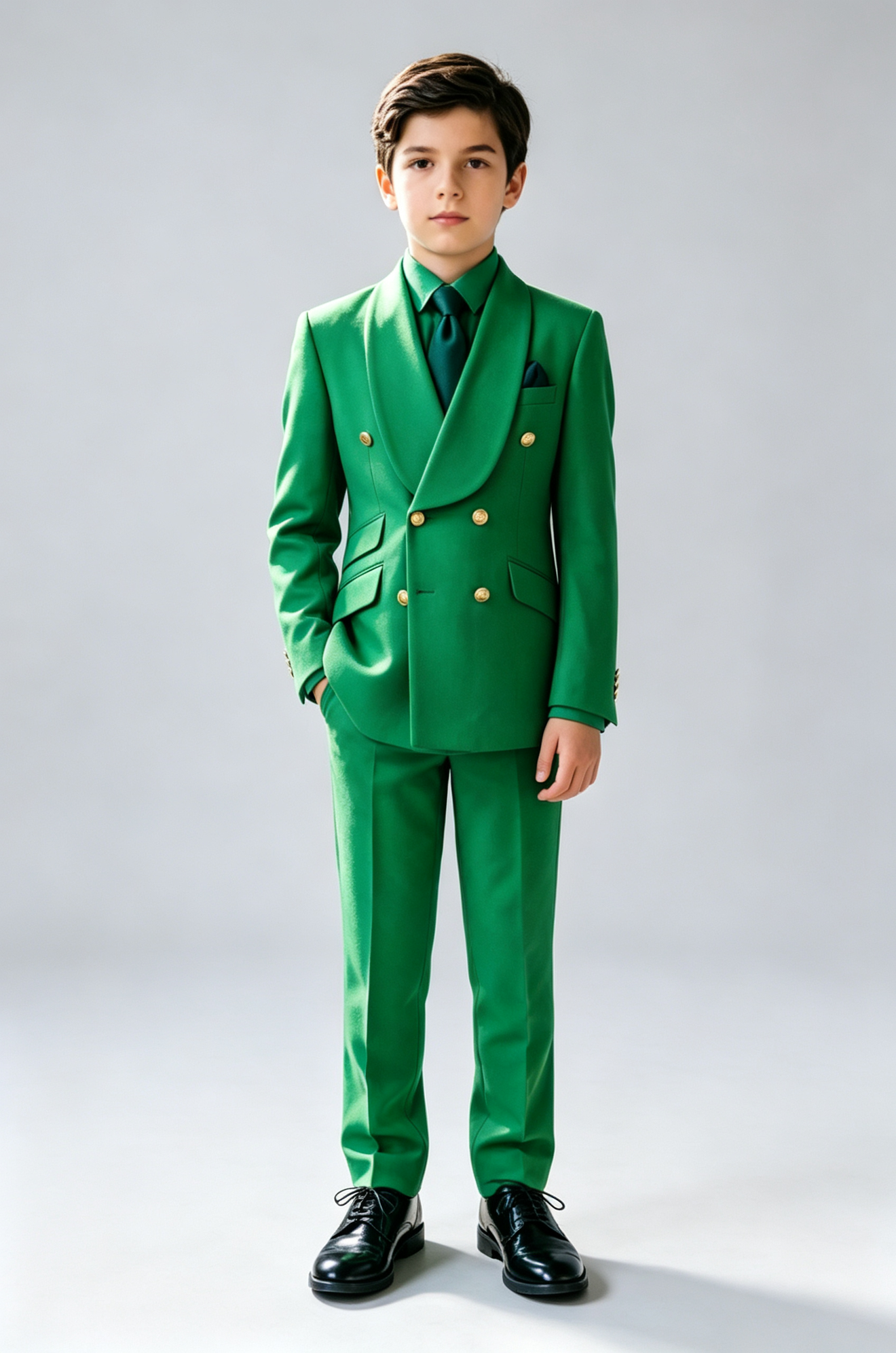 Boys Green Formal Gold Double‑Breasted 2‑Piece Suit