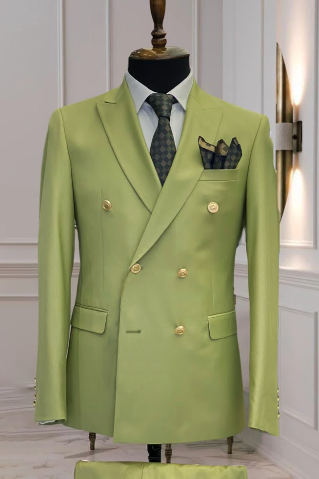 Glass Green Shawl Lapel Gold Double‑Breasted 2‑Piece Suit