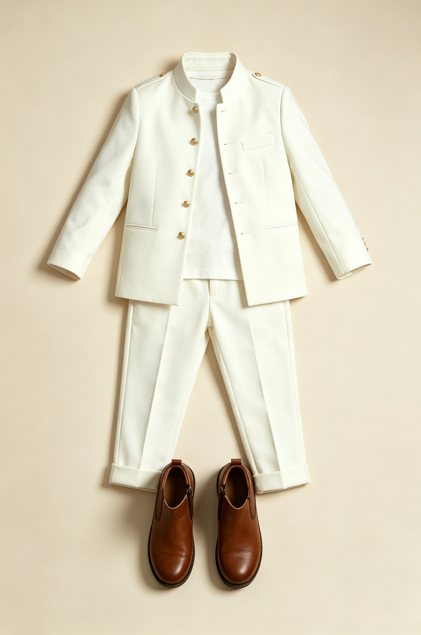 Cream White Mandarin Collar Gold Single‑Breasted 2‑Piece Suit
