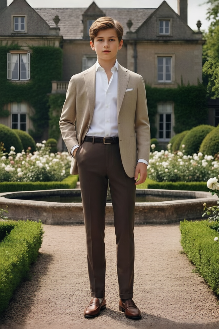 Beige & Deep Brown Contrast Single‑Button 2‑Piece Suit